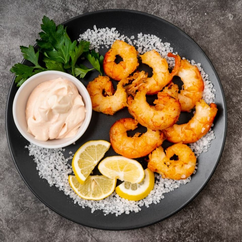 Fried shrimp with lemon slices, parsley, and a side of sauce on a black plate.